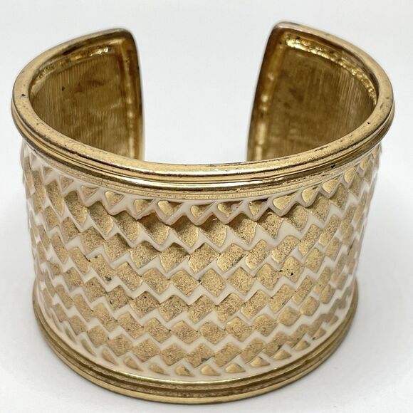 Banana Republic Gold Tone White Enamel Woven Embossed Wide Open Cuff Bracelet - Picture 3 of 7